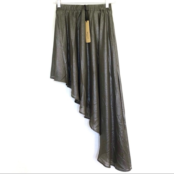 BEULAH STYLE Shiny Asymmetric Skirt Olive Bronze - Picture 3 of 8